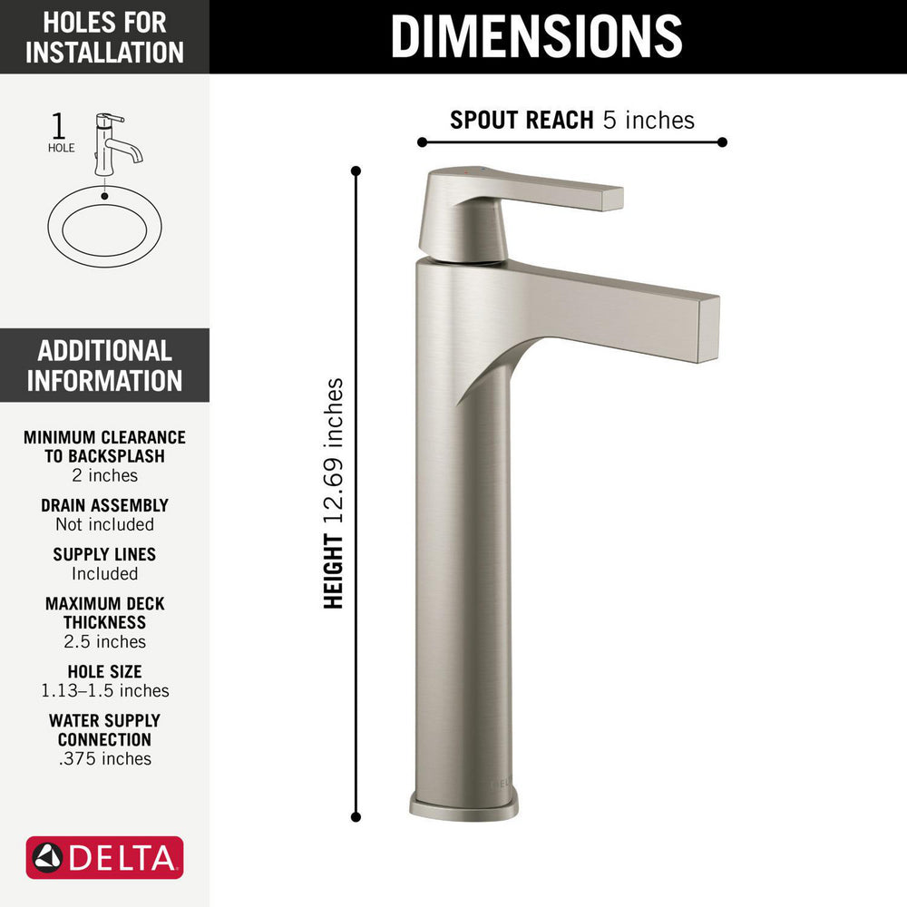 Zura Bathroom Vessel Sink Faucet - Stainless 774-SS-DST Delta – Splashes