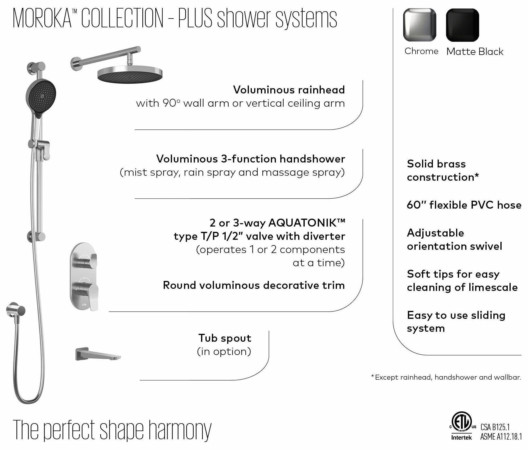 Moroka TD2 Plus Thermostatic Shower System with Diverter and Wall Arm