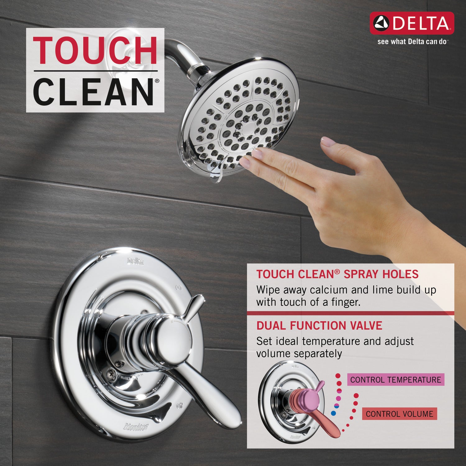 Delta Lahara Duschkopf-Set T17238-CZ - 5 Sprühoptionen, Touch-Clean, Elegante Griffe