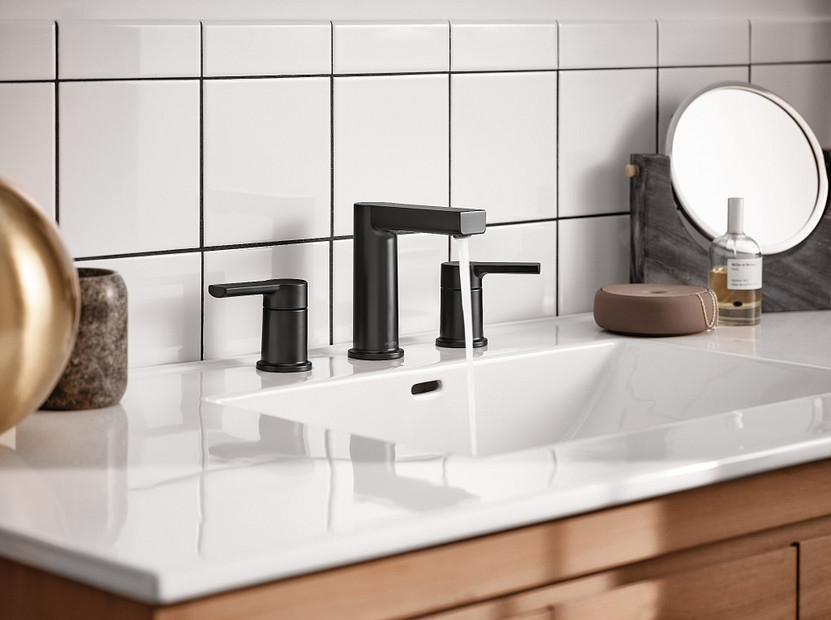 Rinza Widespread Bathroom Faucet Matte Black 84629BL Moen Splashes